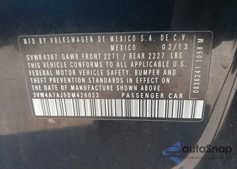 2013 Volkswagen Jetta Gli Autobahn W/Nav z USA, uszkodzony, nr VIN 3VW4A7AJ5DM426023